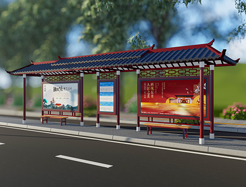2020新款13米大型雙層頂仿古公交站臺(tái)